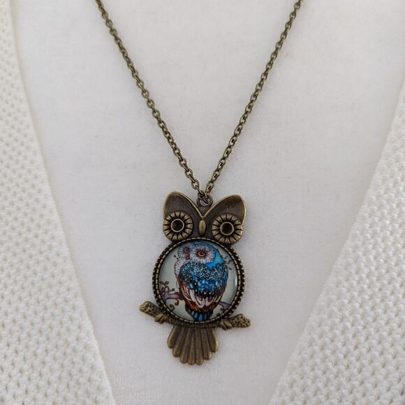 Owl Rustic Antique Gold Charm Cabochon Pendant Adjustable Statement Necklace - Picture 5 of 8